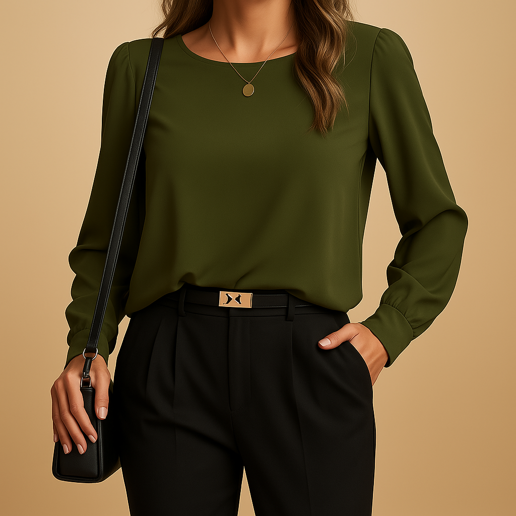 Elegant long-sleeve classic blouse for women in autumn shades, perfect for work, formal occasions, or daily wear.