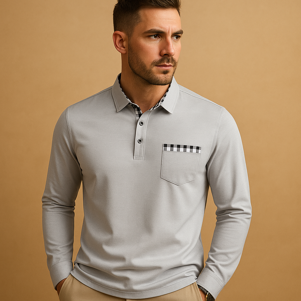 Men’s long sleeve polo shirt Adrian with collar and button placket. A breathable, stylish, and versatile choice for casual and office outfits.