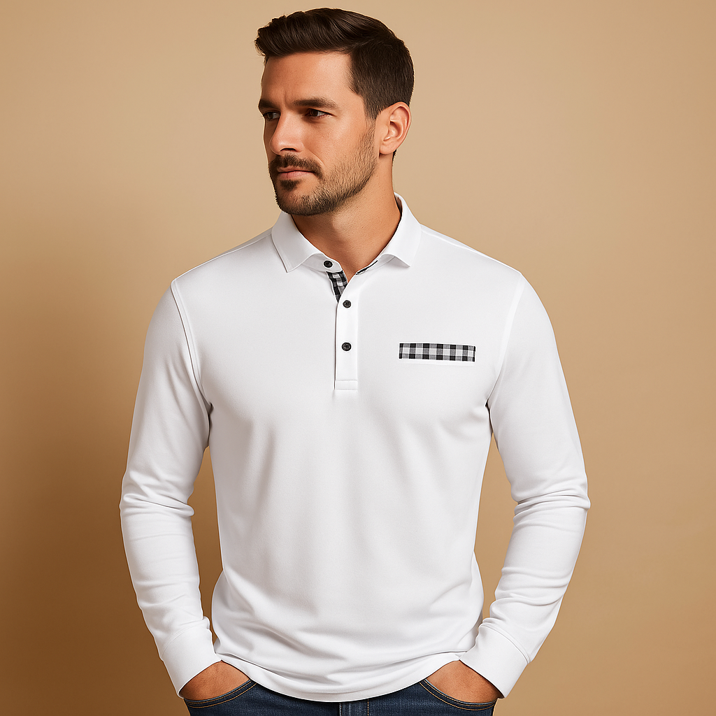 Men’s long sleeve polo shirt Adrian with collar and button placket. A breathable, stylish, and versatile choice for casual and office outfits.
