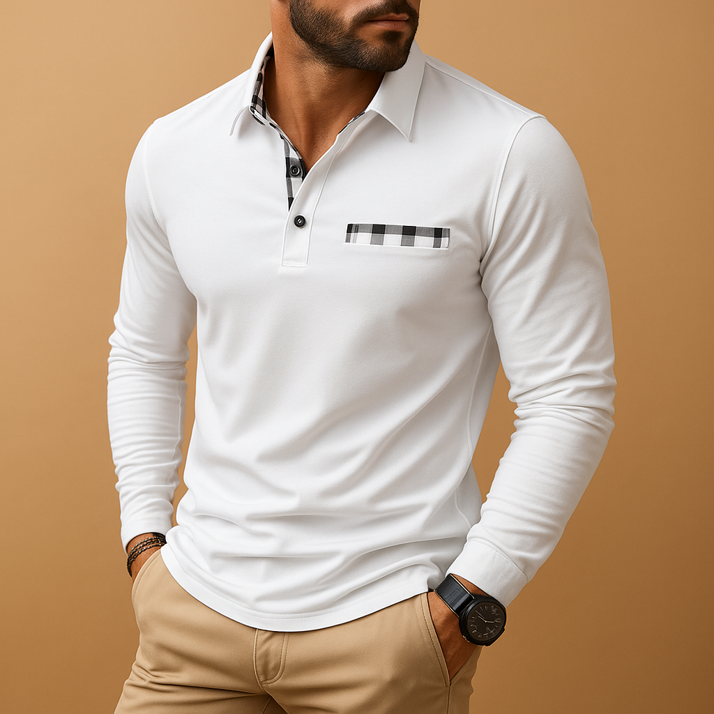 Men’s long sleeve polo shirt Adrian with collar and button placket. A breathable, stylish, and versatile choice for casual and office outfits.