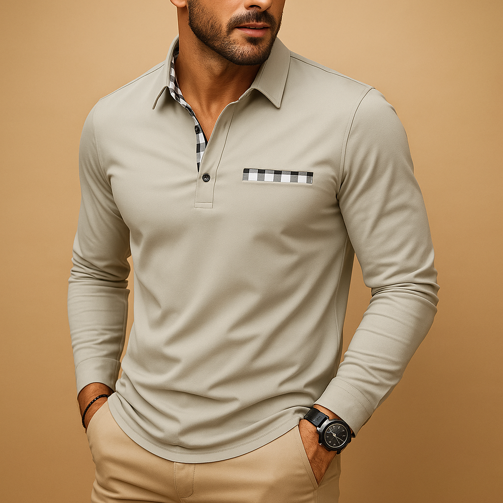 Men’s long sleeve polo shirt Adrian with collar and button placket. A breathable, stylish, and versatile choice for casual and office outfits.
