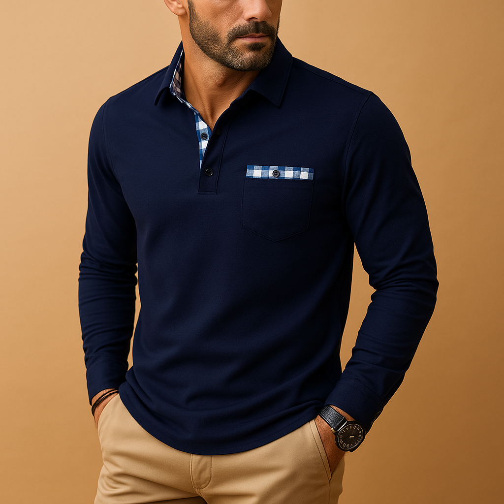 Men’s long sleeve polo shirt Adrian with collar and button placket. A breathable, stylish, and versatile choice for casual and office outfits.