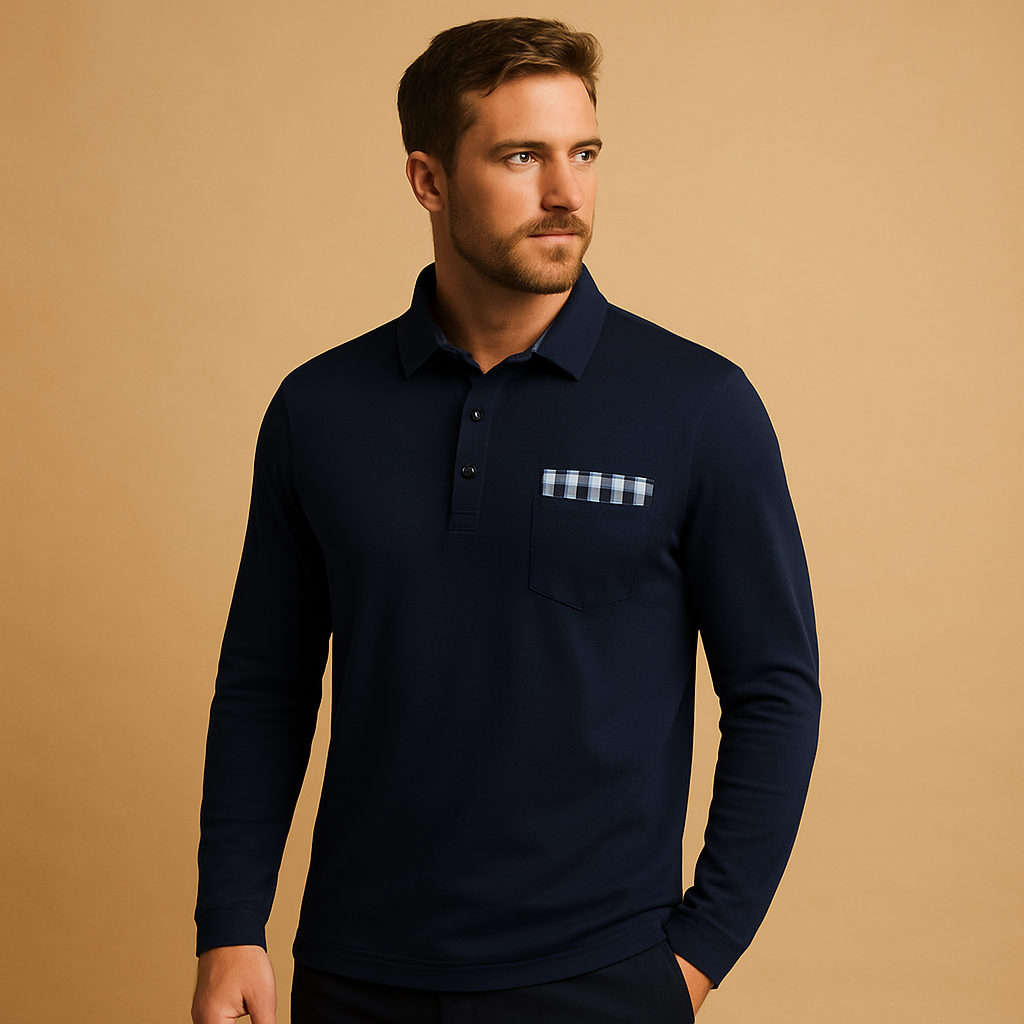 Men’s long sleeve polo shirt Adrian with collar and button placket. A breathable, stylish, and versatile choice for casual and office outfits.