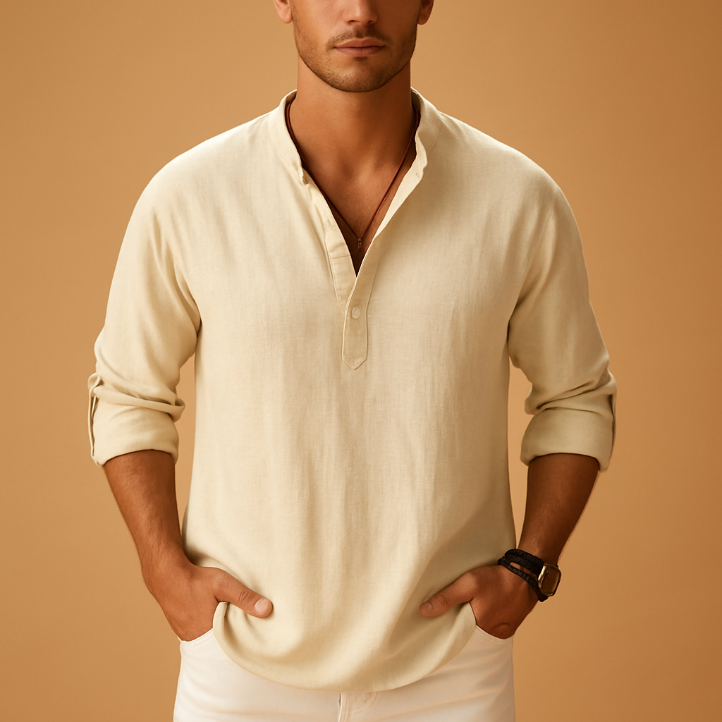 Men’s lightweight long sleeve shirt with V-neck design, breathable fit, and rollable sleeves, available in classic solid colors for summer or casual wear.