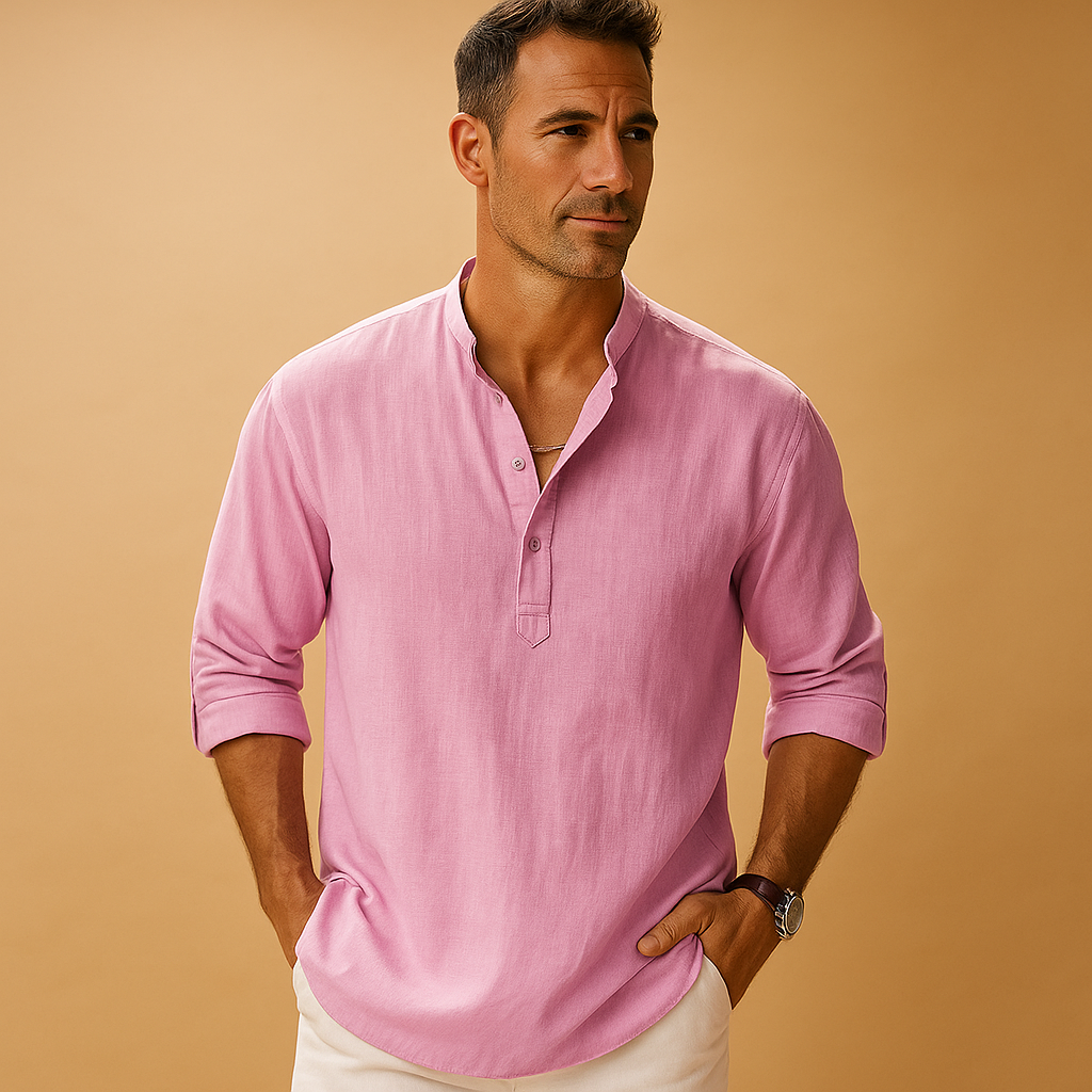 Men’s lightweight long sleeve shirt with V-neck design, breathable fit, and rollable sleeves, available in classic solid colors for summer or casual wear.