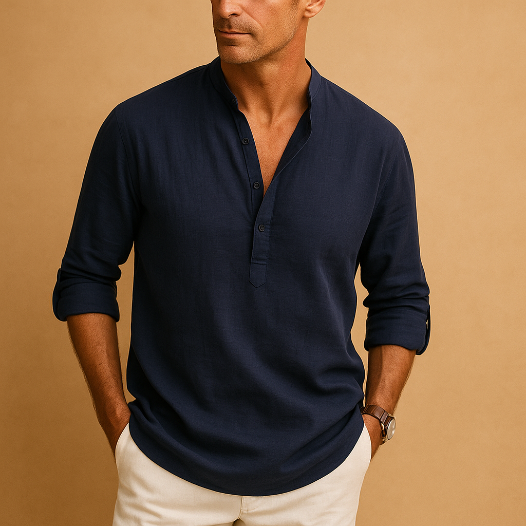 Men’s lightweight long sleeve shirt with V-neck design, breathable fit, and rollable sleeves, available in classic solid colors for summer or casual wear.