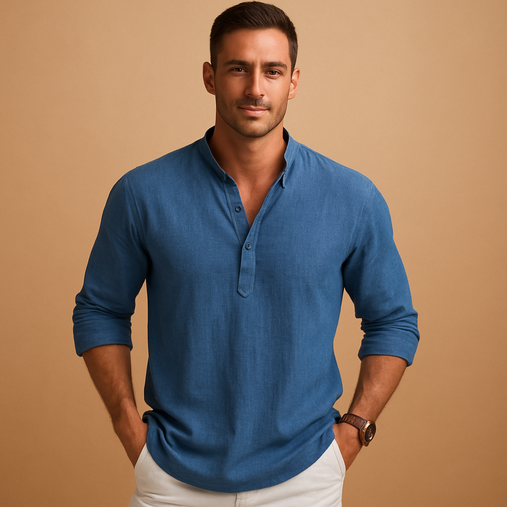 Men’s lightweight long sleeve shirt with V-neck design, breathable fit, and rollable sleeves, available in classic solid colors for summer or casual wear.