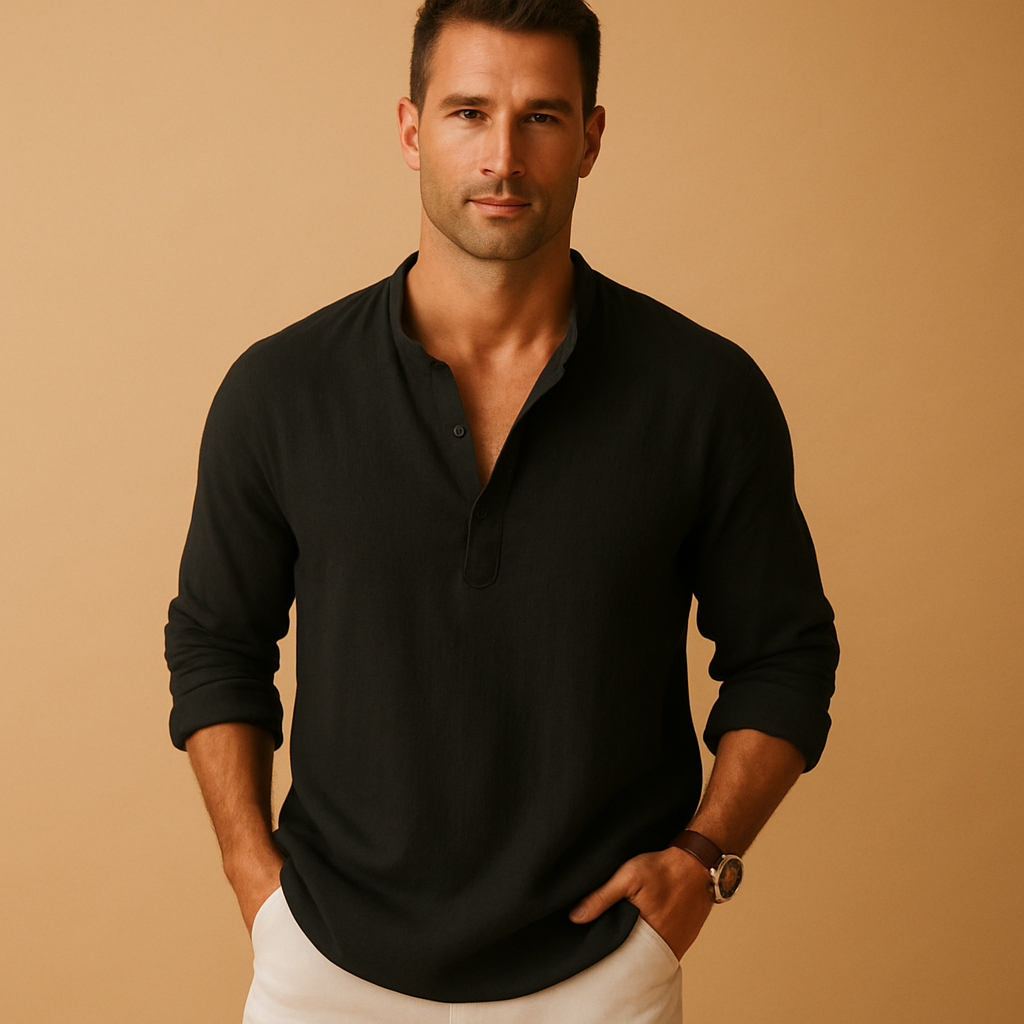Men’s lightweight long sleeve shirt with V-neck design, breathable fit, and rollable sleeves, available in classic solid colors for summer or casual wear.
