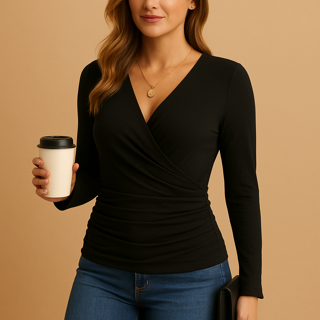 Elegant long-sleeve V-neck shirt for women in brown, black, and green, perfect for work or casual outfits.