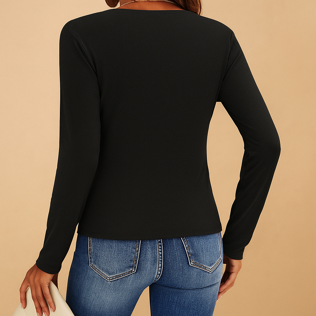 Elegant long-sleeve V-neck shirt for women in brown, black, and green, perfect for work or casual outfits.