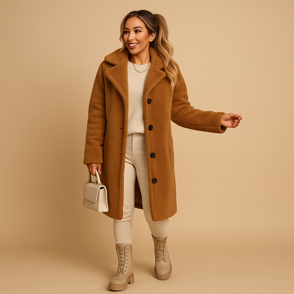 Long teddy coat for women in soft beige, featuring an elegant cut and ultra-soft texture for warmth, comfort, and versatile winter style.