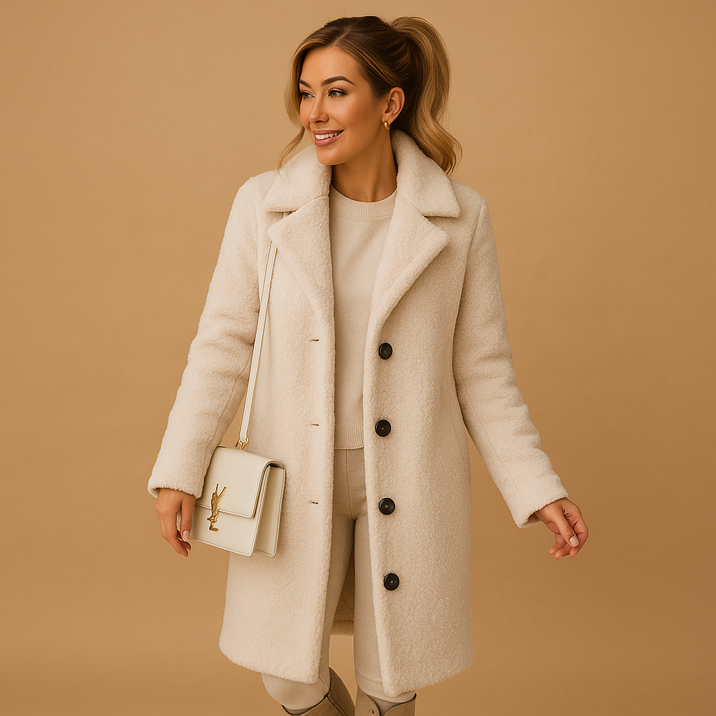 Long teddy coat for women in soft beige, featuring an elegant cut and ultra-soft texture for warmth, comfort, and versatile winter style.