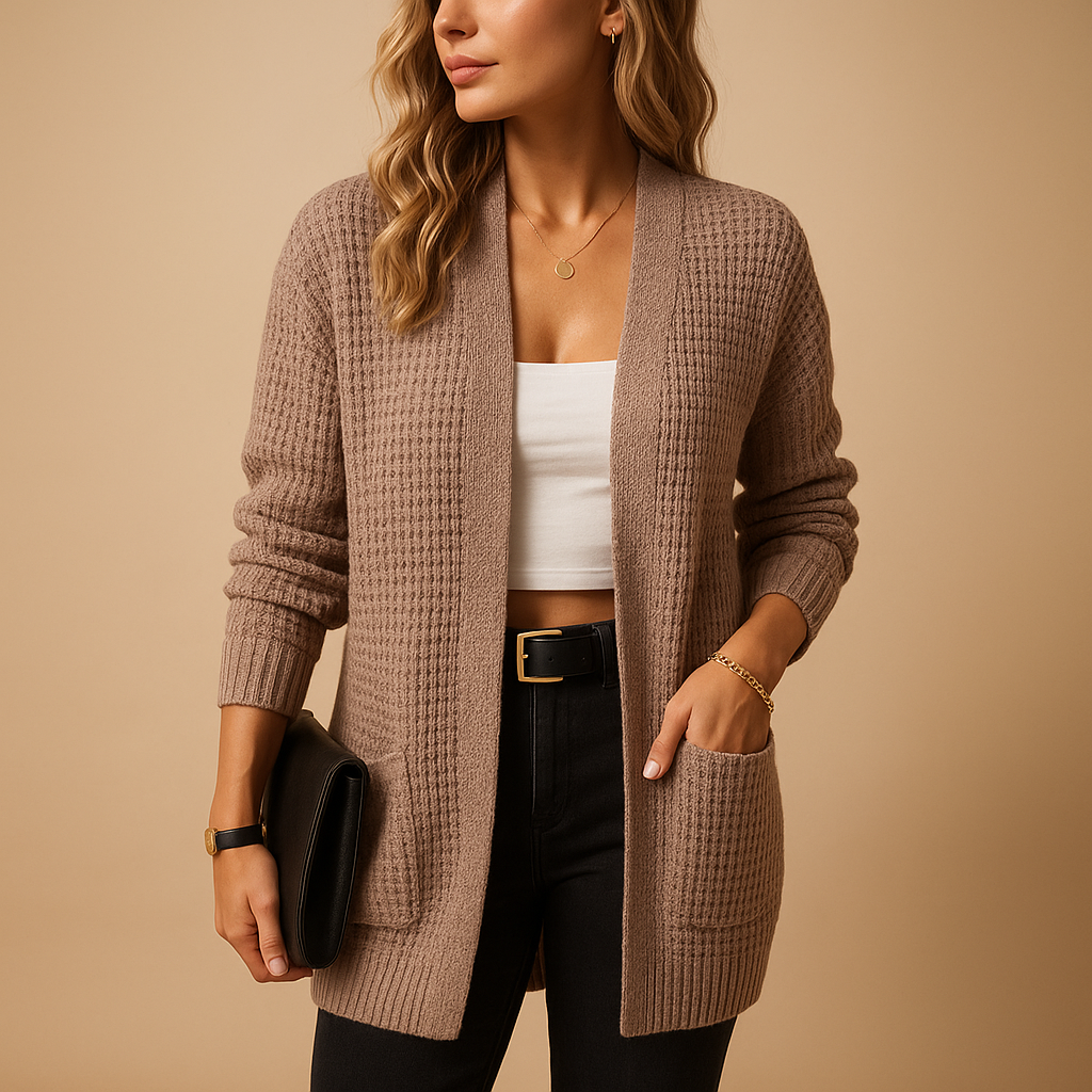 Women’s long V-neck cardigan with relaxed fit, soft breathable fabric, and practical pockets, perfect for layering in autumn, winter, and casual outfits.