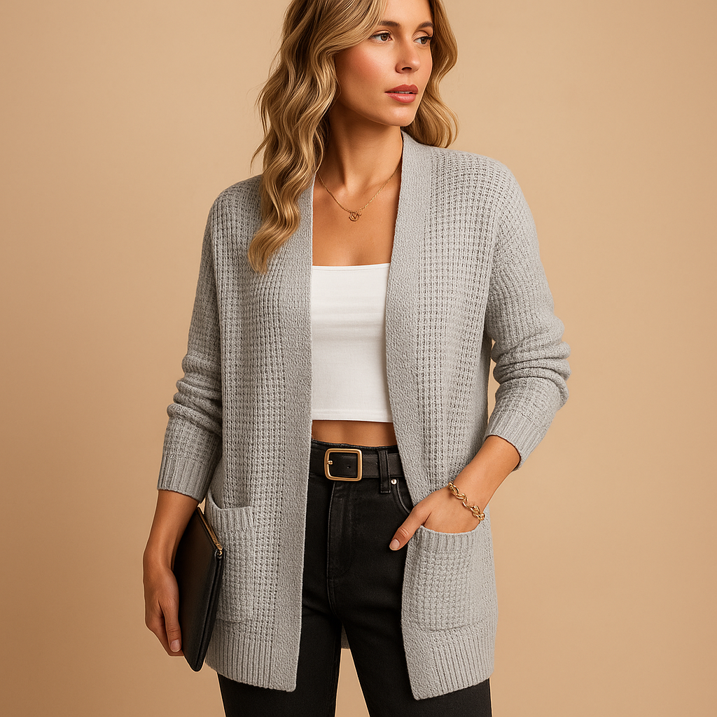 Women’s long V-neck cardigan with relaxed fit, soft breathable fabric, and practical pockets, perfect for layering in autumn, winter, and casual outfits.