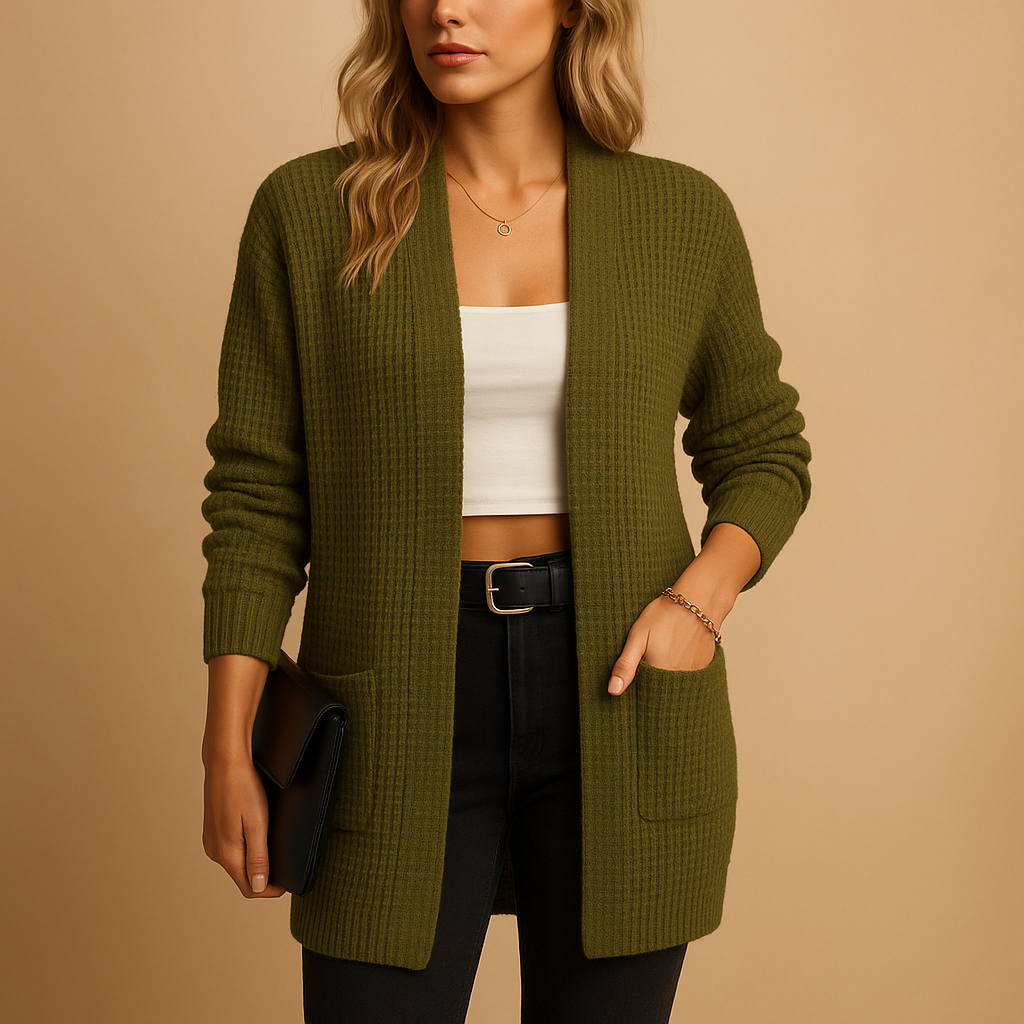 Women’s long V-neck cardigan with relaxed fit, soft breathable fabric, and practical pockets, perfect for layering in autumn, winter, and casual outfits.