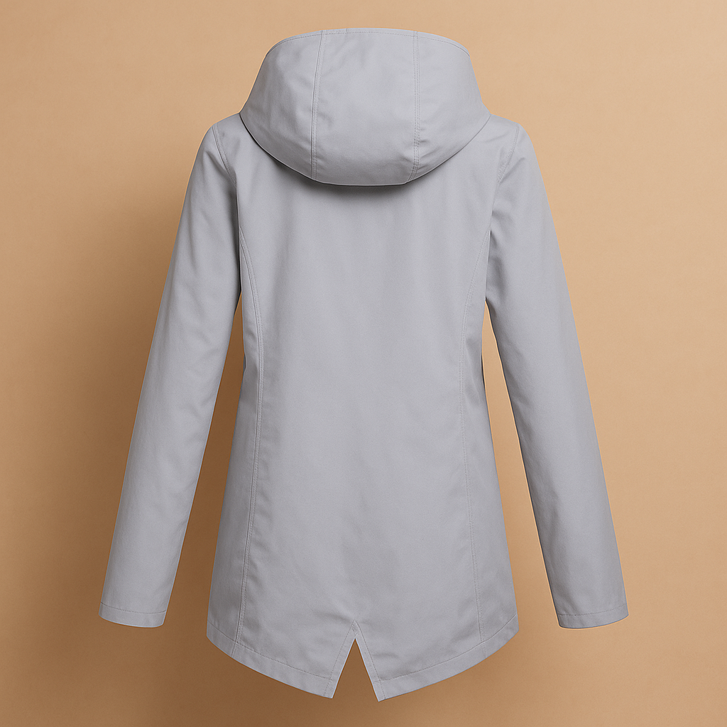 Long waterproof raincoat for women with hood, breathable fabric, and extended fit, available in apricot, blue, coffee, grey, white, and wine red.
