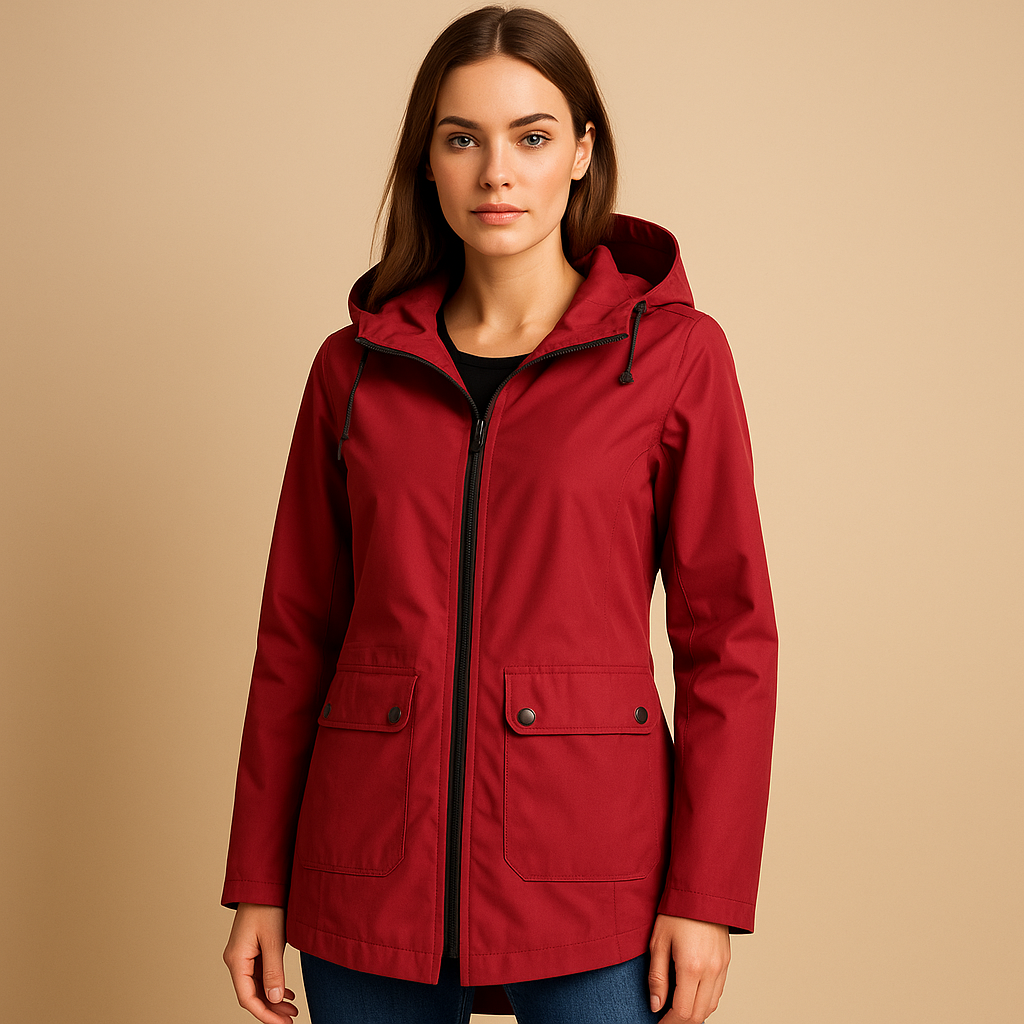 Long waterproof raincoat for women with hood, breathable fabric, and extended fit, available in apricot, blue, coffee, grey, white, and wine red.