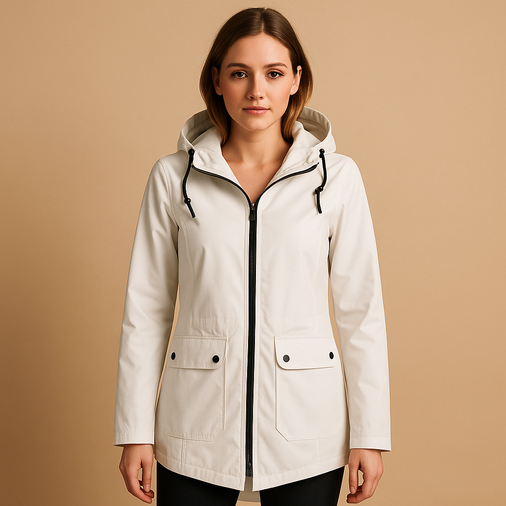 Long waterproof raincoat for women with hood, breathable fabric, and extended fit, available in apricot, blue, coffee, grey, white, and wine red.