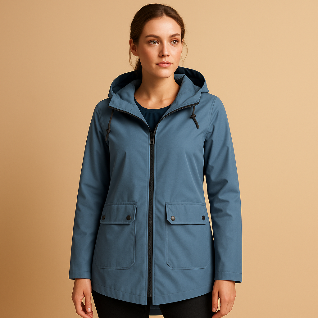Long waterproof raincoat for women with hood, breathable fabric, and extended fit, available in apricot, blue, coffee, grey, white, and wine red.