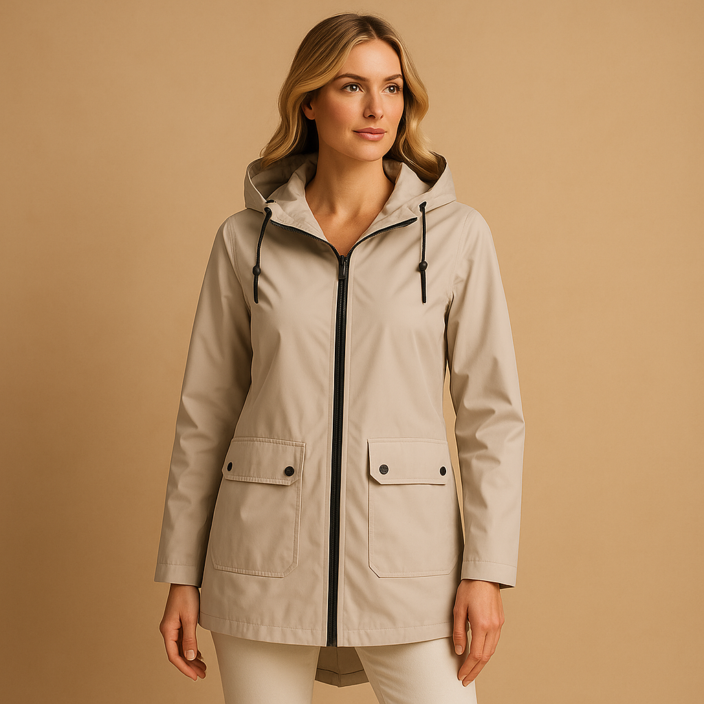 Long waterproof raincoat for women with hood, breathable fabric, and extended fit, available in apricot, blue, coffee, grey, white, and wine red.