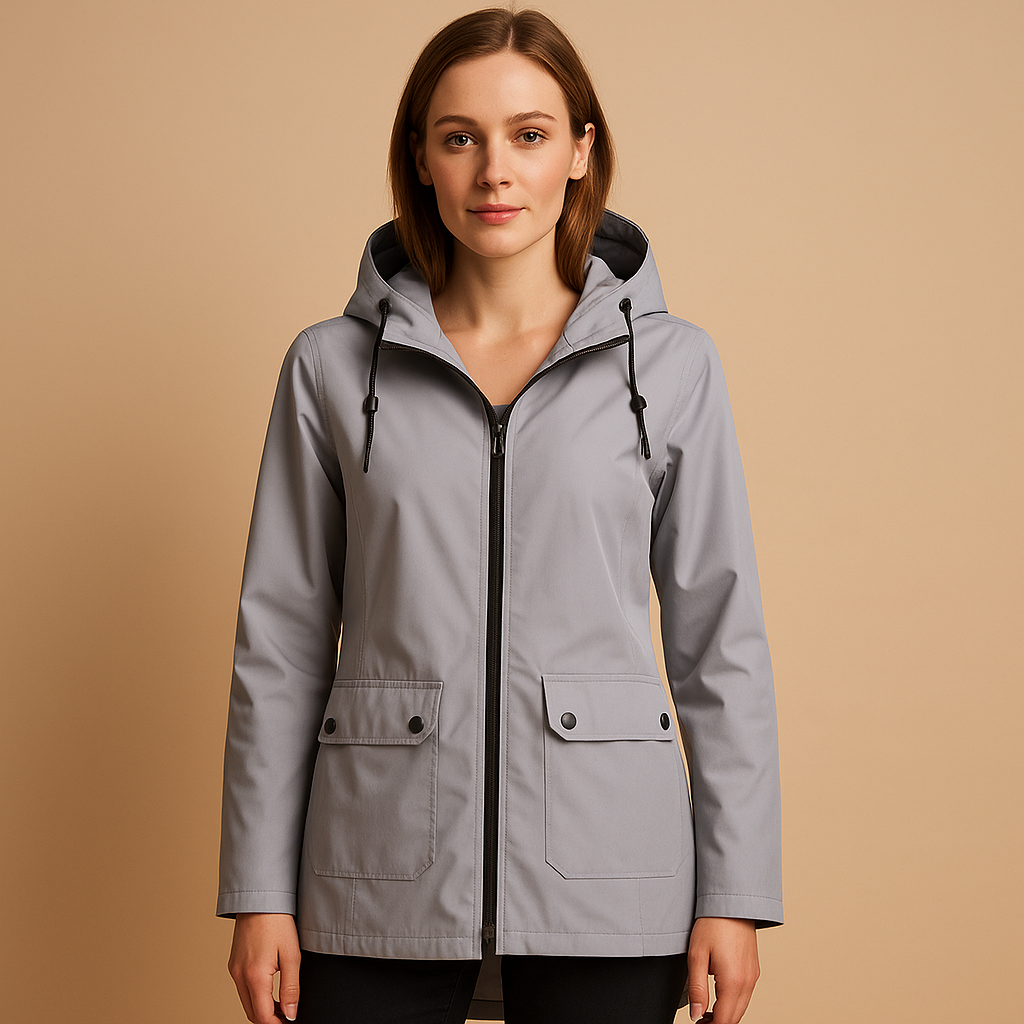 Long waterproof raincoat for women with hood, breathable fabric, and extended fit, available in apricot, blue, coffee, grey, white, and wine red.