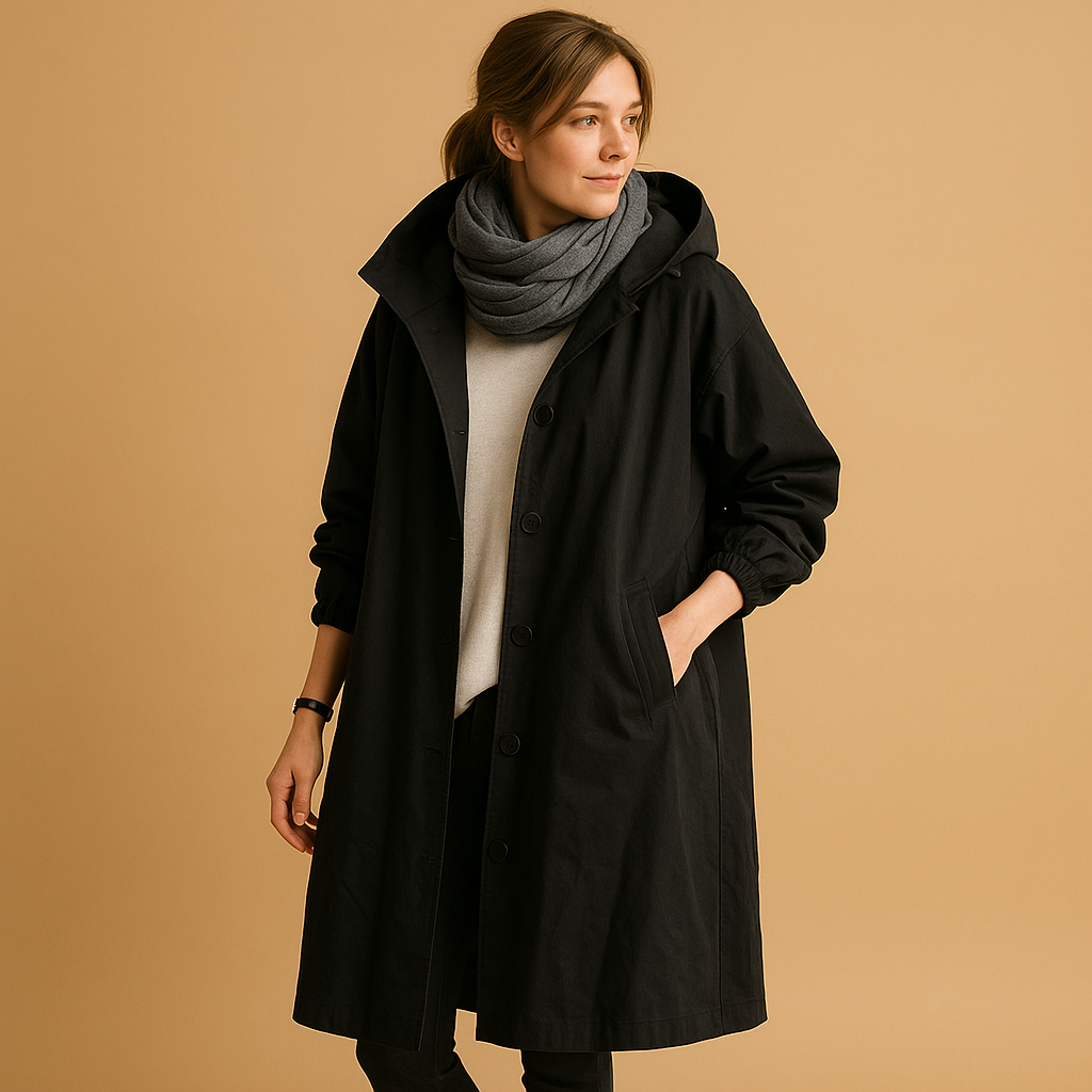 Women’s long waterproof raincoat with breathable fabric, adjustable waist, removable hood, and belt. Stylish and practical in Green, Beige, and Black.