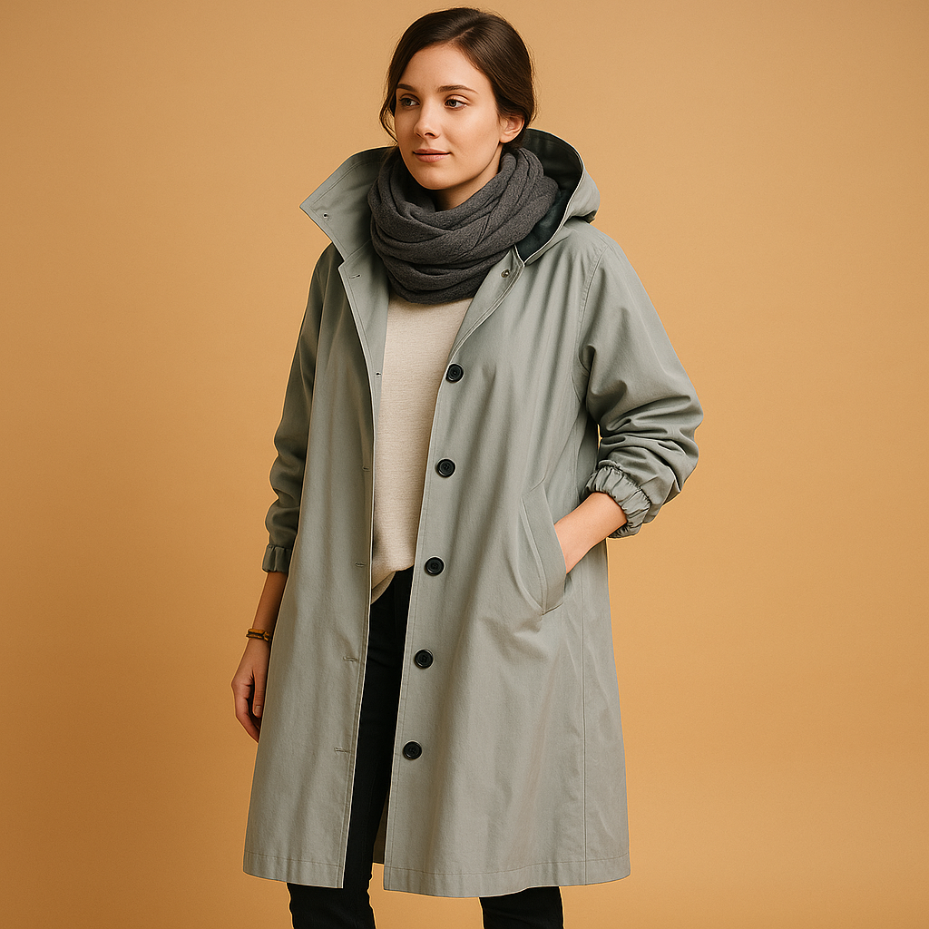 Women’s long waterproof raincoat with breathable fabric, adjustable waist, removable hood, and belt. Stylish and practical in Green, Beige, and Black.
