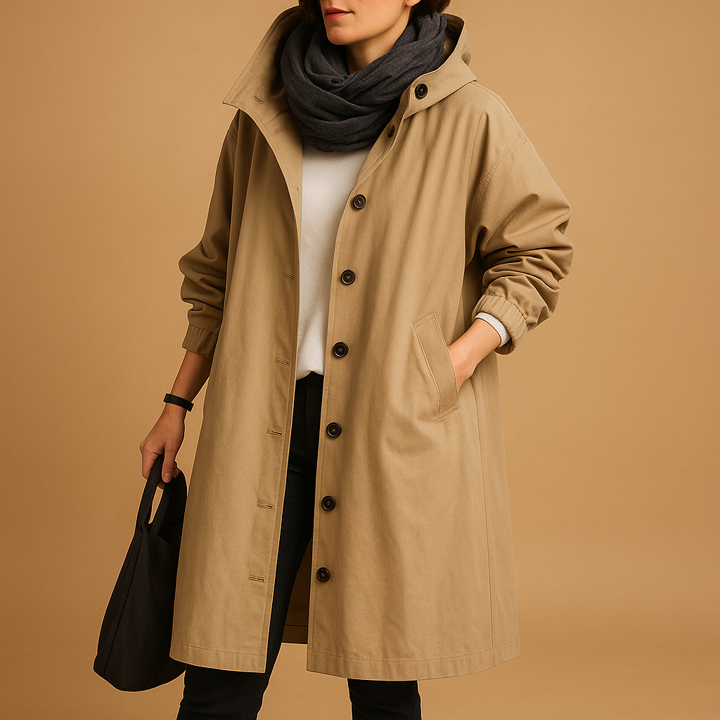 Women’s long waterproof raincoat with breathable fabric, adjustable waist, removable hood, and belt. Stylish and practical in Green, Beige, and Black.