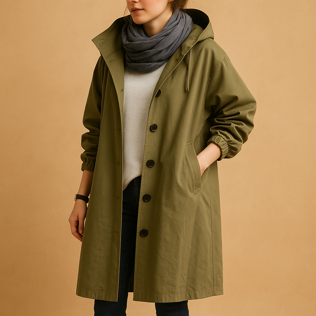 Women’s long waterproof raincoat with breathable fabric, adjustable waist, removable hood, and belt. Stylish and practical in Green, Beige, and Black.