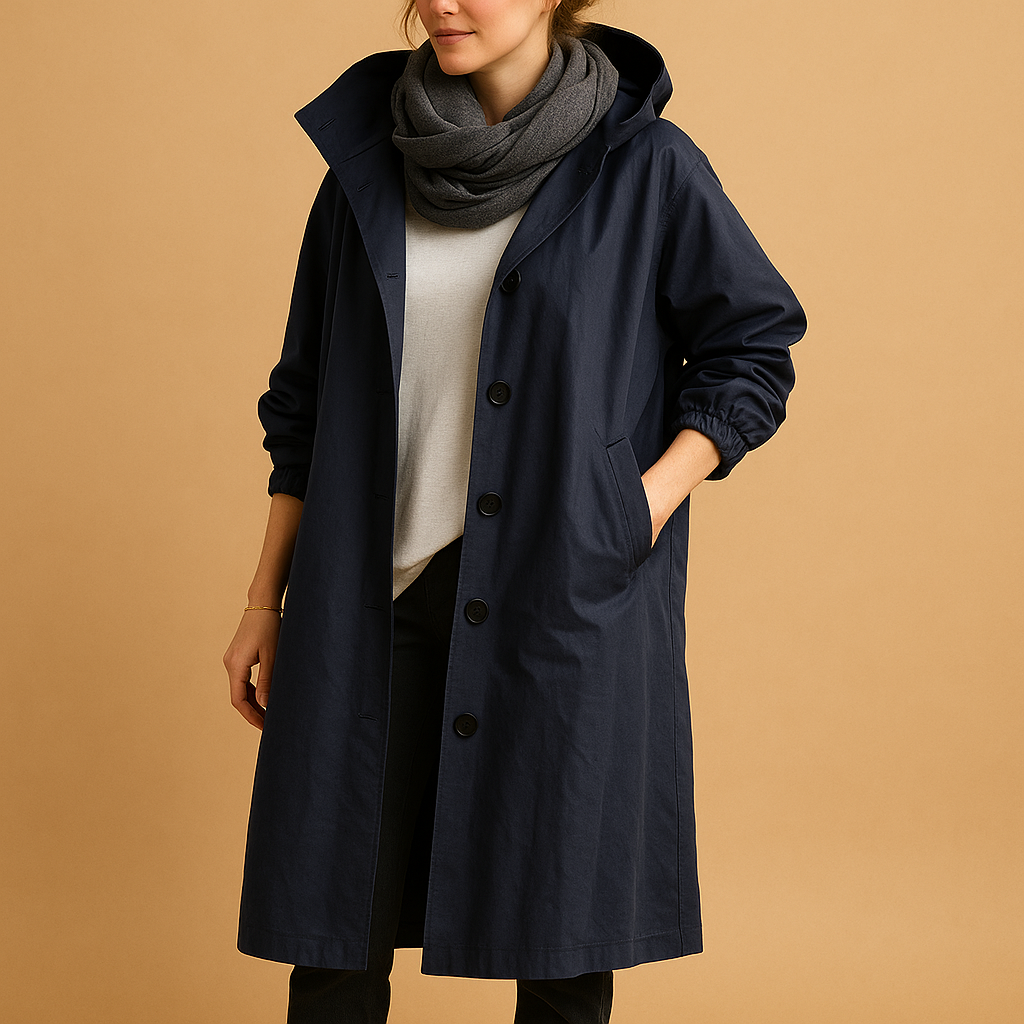 Women’s long waterproof raincoat with breathable fabric, adjustable waist, removable hood, and belt. Stylish and practical in Green, Beige, and Black.