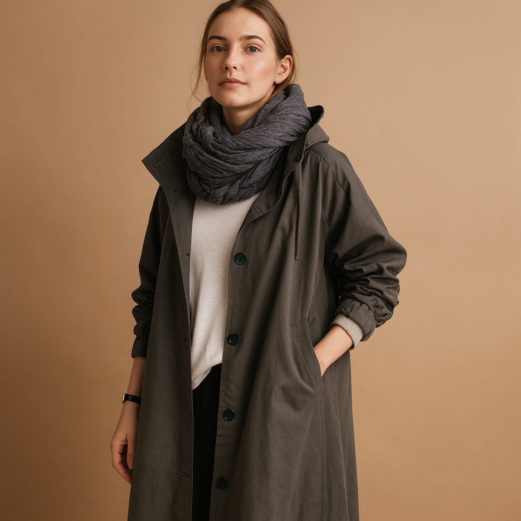 Women’s long waterproof raincoat with breathable fabric, adjustable waist, removable hood, and belt. Stylish and practical in Green, Beige, and Black.