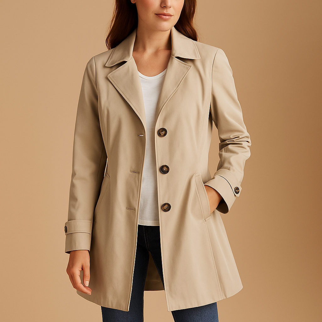 Women’s long waterproof windbreaker coat with adjustable waist and hood, breathable lining, available in black and beige.