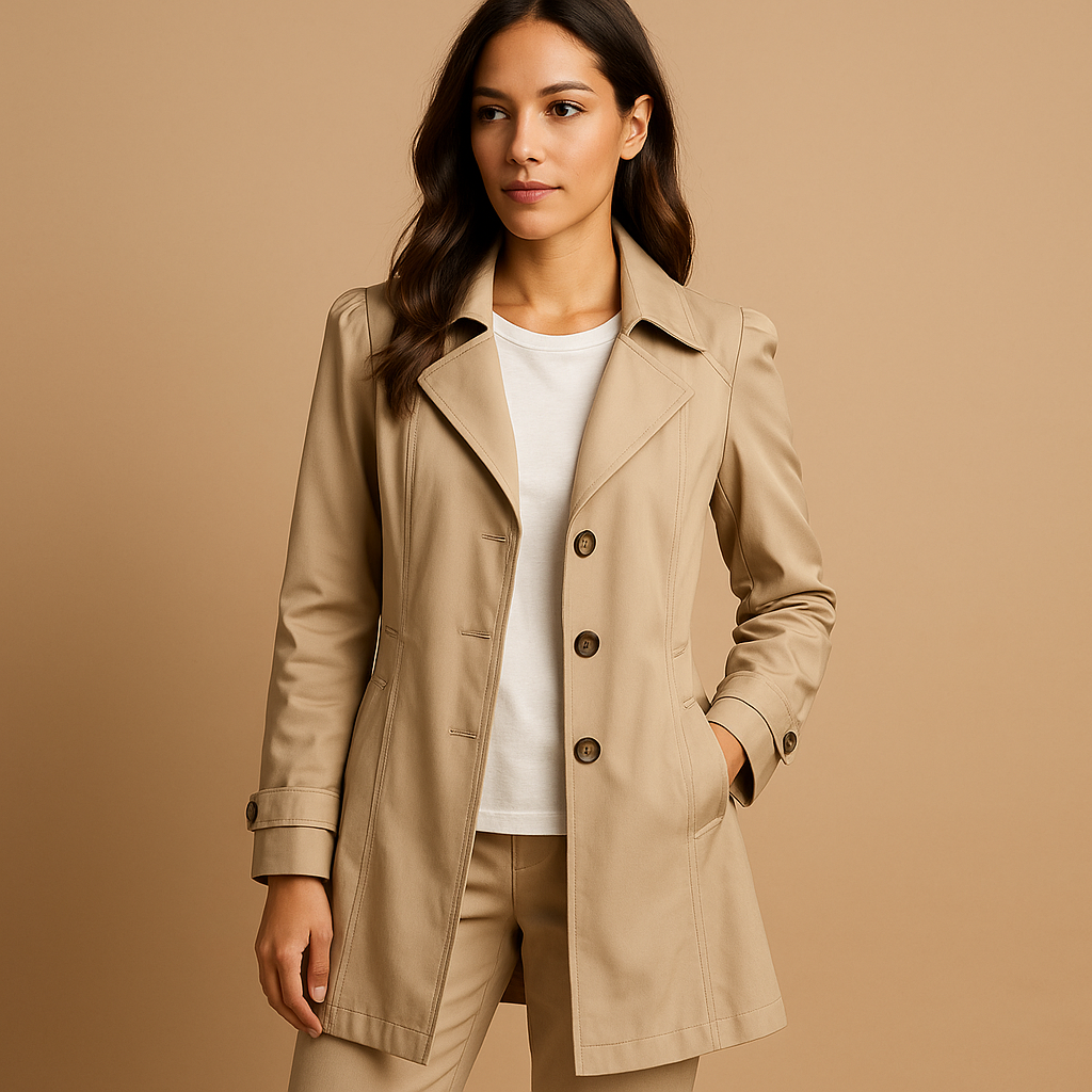 Women’s long waterproof windbreaker coat with adjustable waist and hood, breathable lining, available in black and beige.