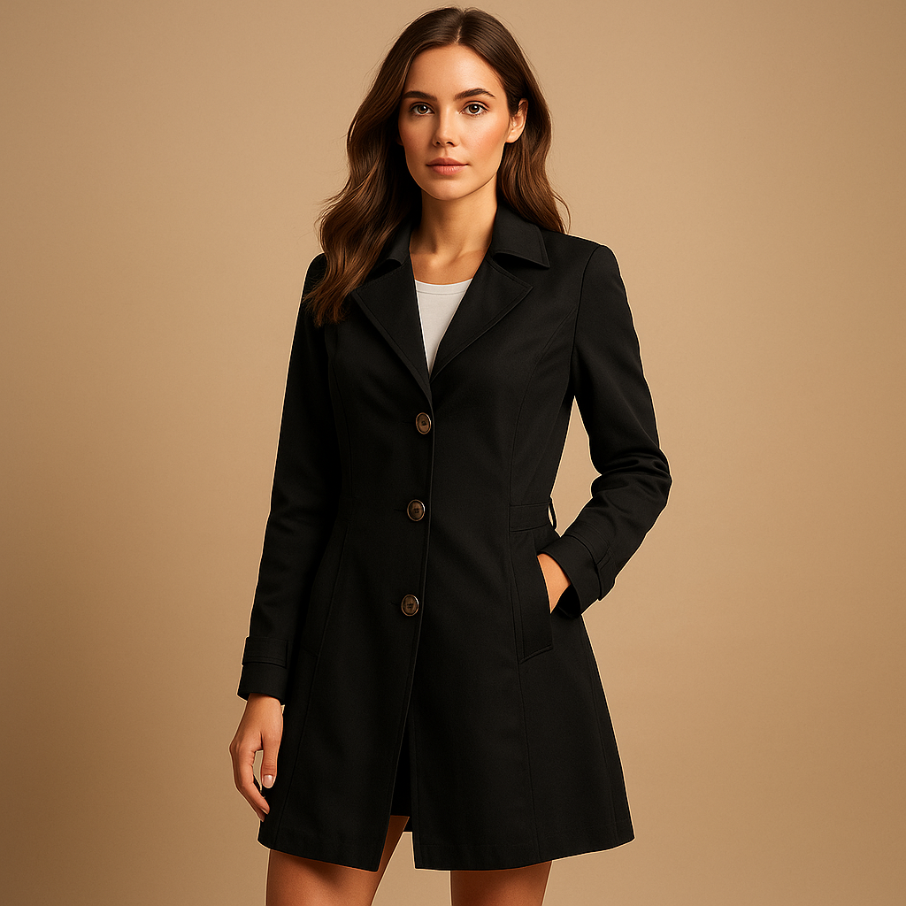 Women’s long waterproof windbreaker coat with adjustable waist and hood, breathable lining, available in black and beige.