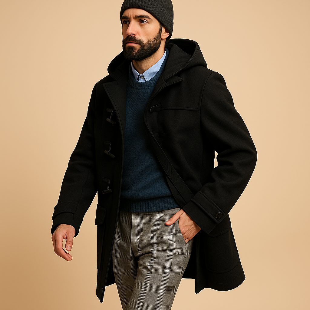 Men’s long winter coat with insulating fabric and extended cut, designed for warmth, comfort, and style during cold days.