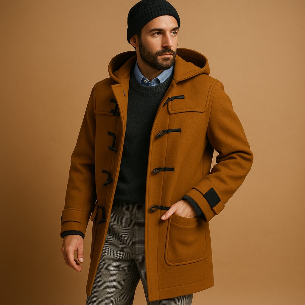 Men’s long winter coat with insulating fabric and extended cut, designed for warmth, comfort, and style during cold days.