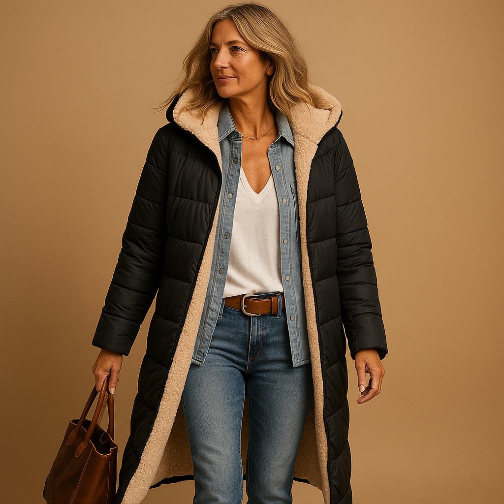 Women’s long winter coat with modern design, premium insulation, and comfortable fit. Available in Black, Beige, and Dark Blue for elegant cold-weather style.
