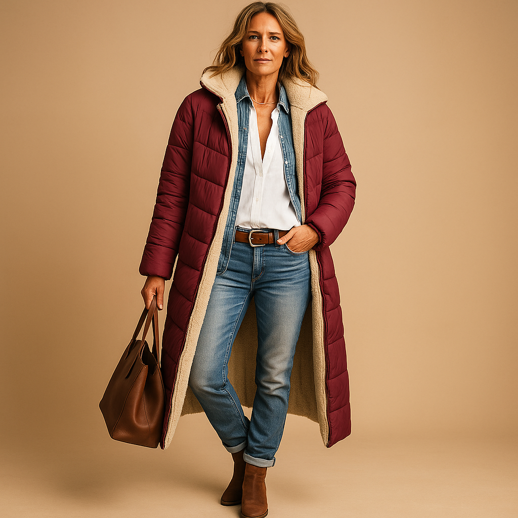 Women’s long winter coat with modern design, premium insulation, and comfortable fit. Available in Black, Beige, and Dark Blue for elegant cold-weather style.