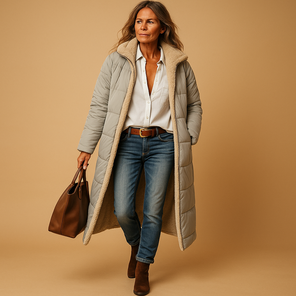 Women’s long winter coat with modern design, premium insulation, and comfortable fit. Available in Black, Beige, and Dark Blue for elegant cold-weather style.