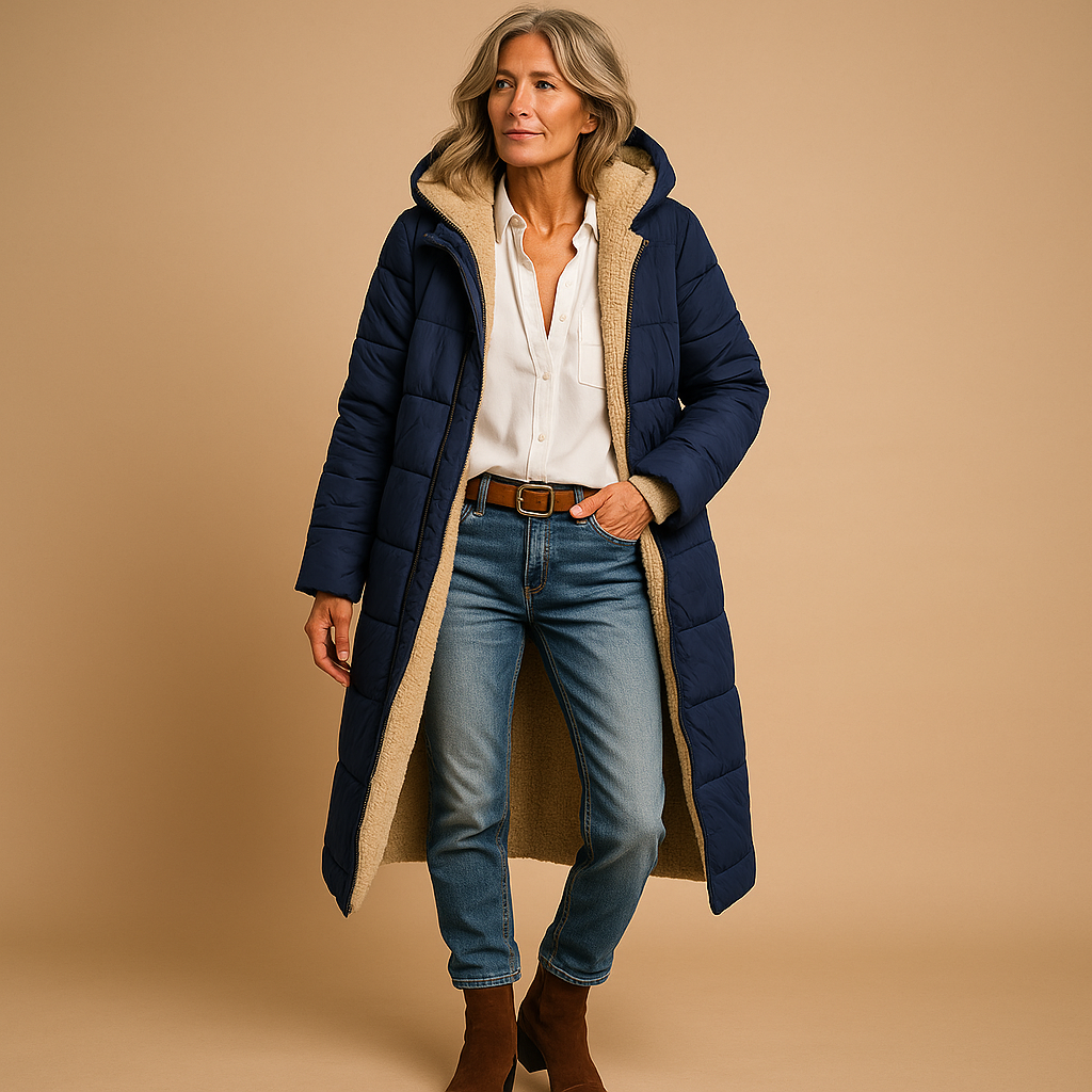 Women’s long winter coat with modern design, premium insulation, and comfortable fit. Available in Black, Beige, and Dark Blue for elegant cold-weather style.
