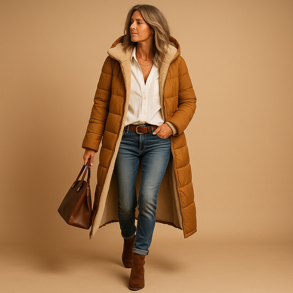 Women’s long winter coat with modern design, premium insulation, and comfortable fit. Available in Black, Beige, and Dark Blue for elegant cold-weather style.