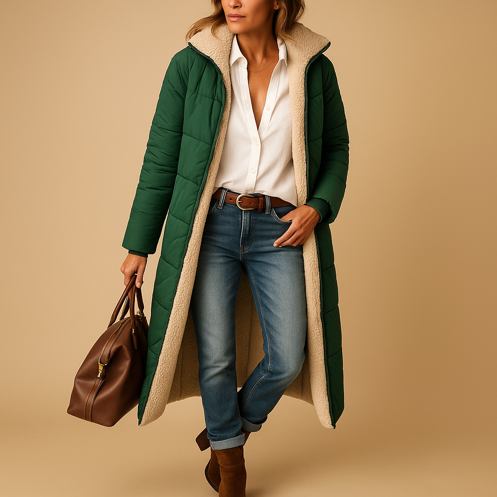 Women’s long winter coat with modern design, premium insulation, and comfortable fit. Available in Black, Beige, and Dark Blue for elegant cold-weather style.
