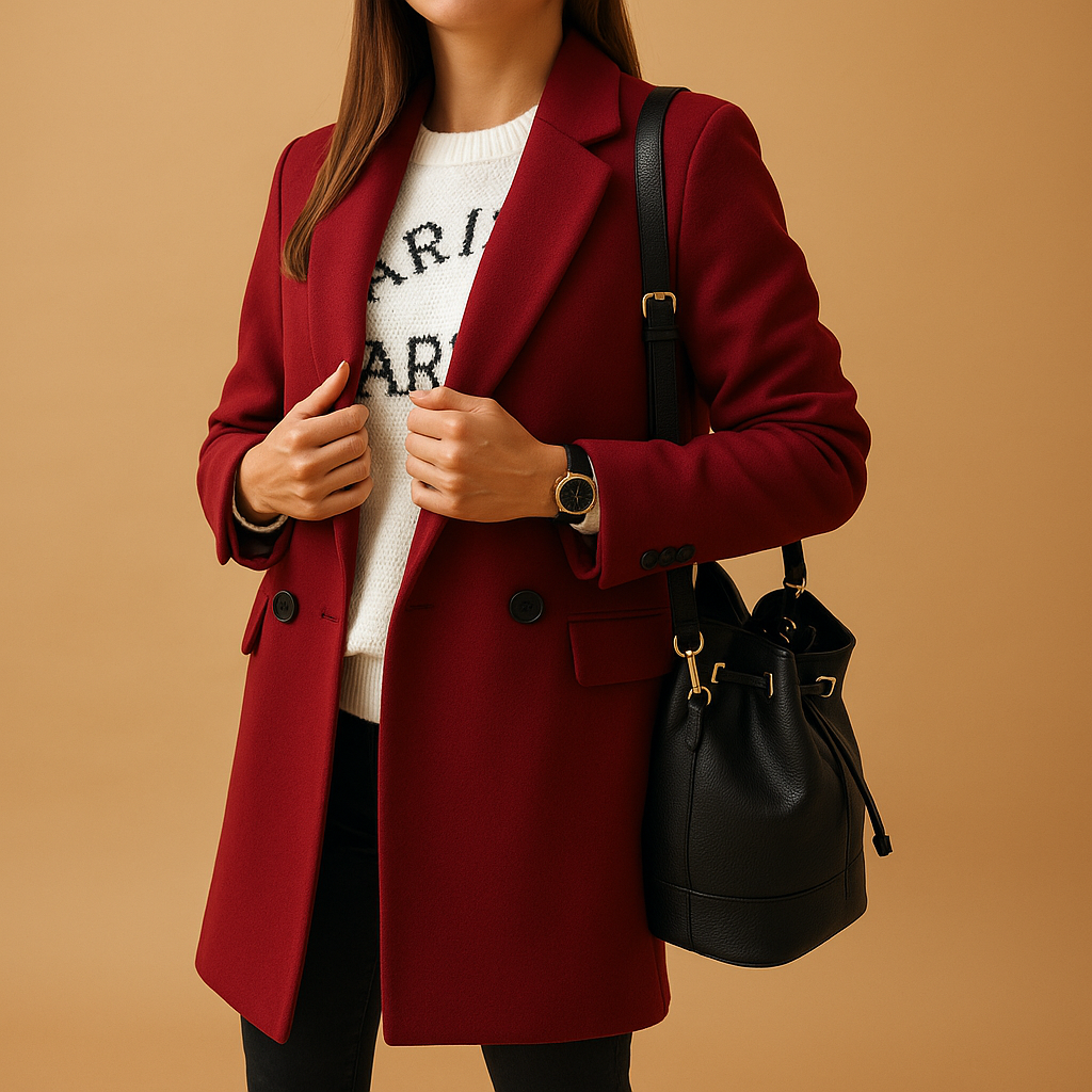 Long winter coat for women with tailored fit, insulating premium fabric, and classic single-breasted design, available in anthracite grey, navy blue, and camel.