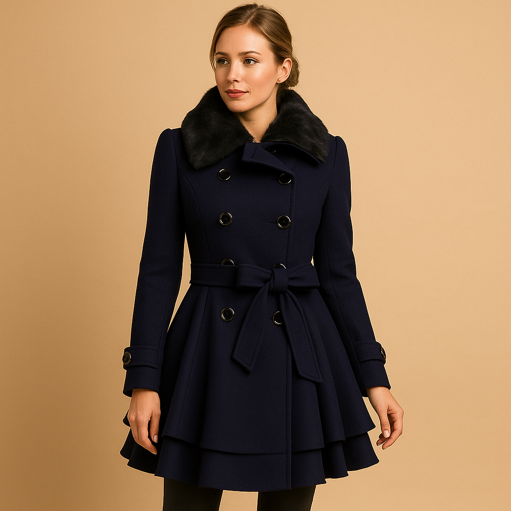 Women’s long winter coat with flattering fit and faux fur collar, perfect for everyday wear, city strolls, and special winter occasions.