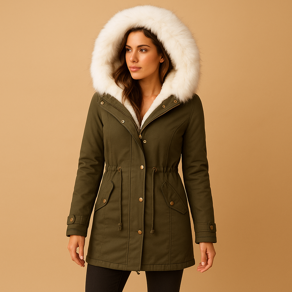 Long winter coat with faux fur hood for women | Hazel