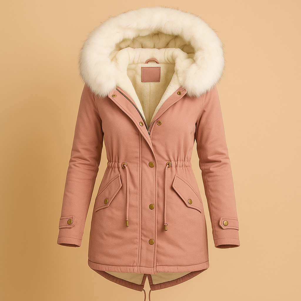 Long winter coat with faux fur hood for women | Hazel