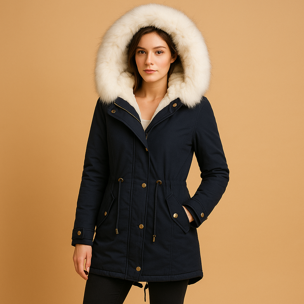 Long winter coat with faux fur hood for women | Hazel