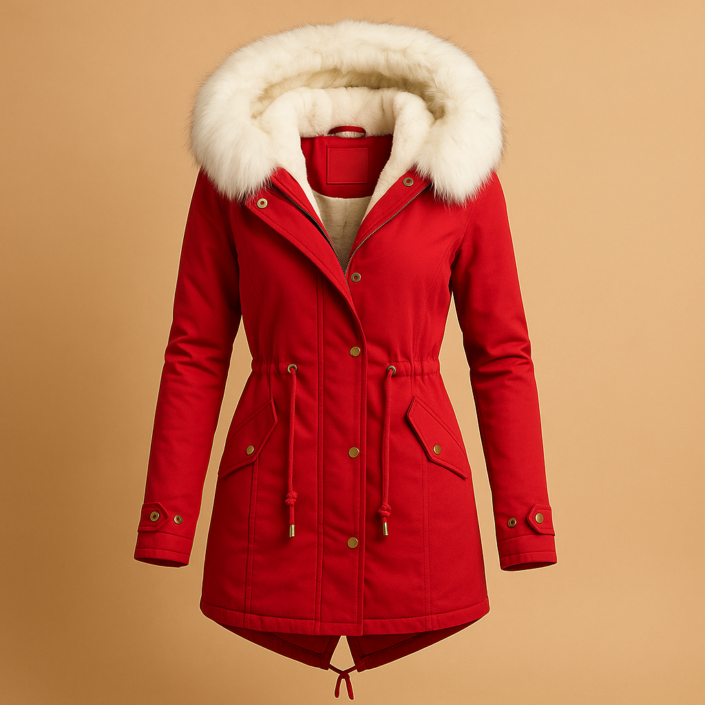 Long winter coat with faux fur hood for women | Hazel
