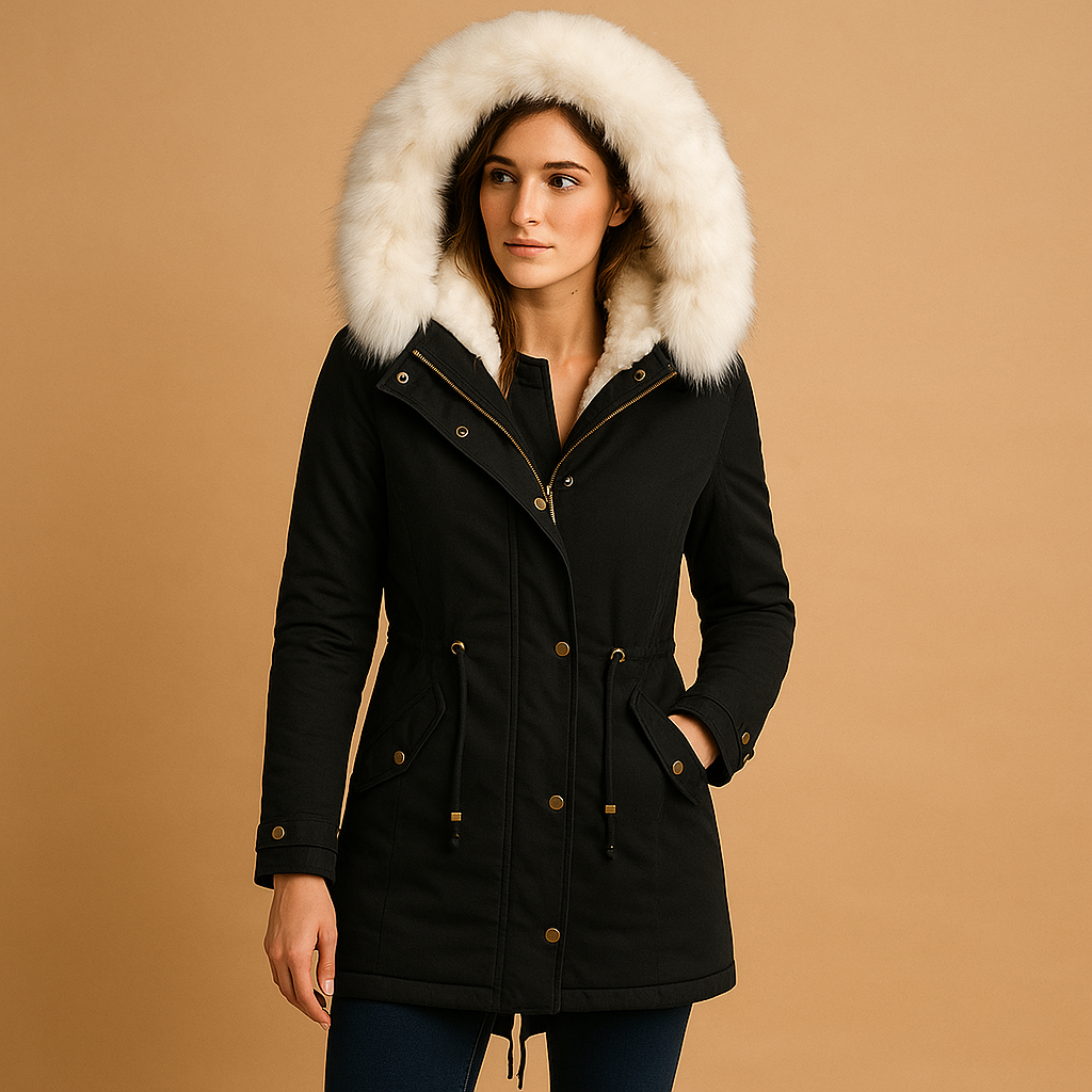 Long winter coat with faux fur hood for women | Hazel