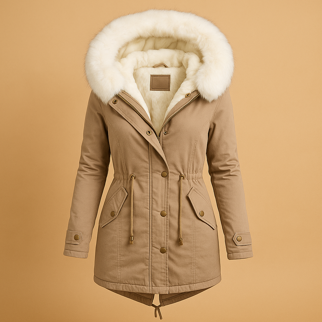 Long winter coat with faux fur hood for women | Hazel
